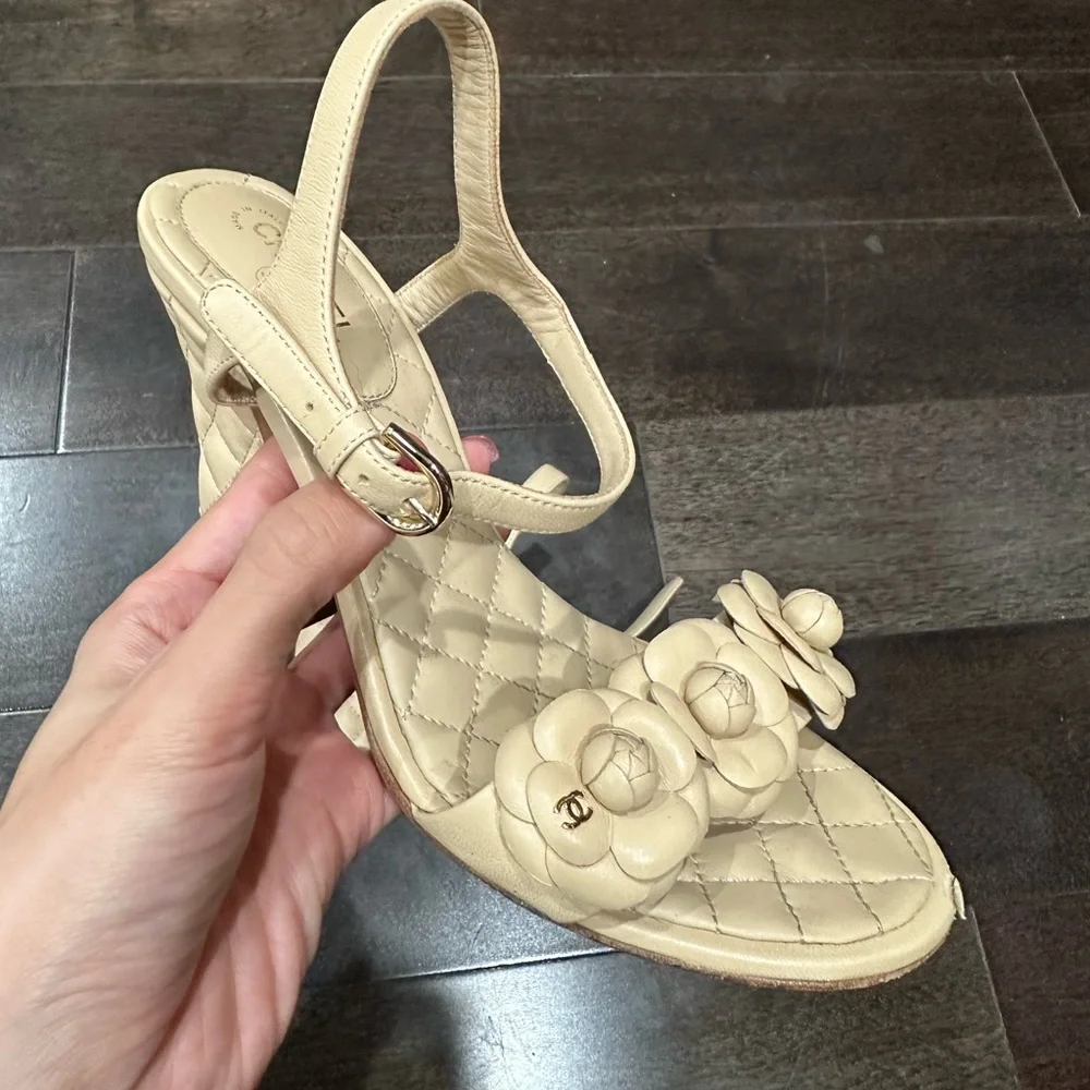 CHANEL Camellia Quilted Leather Block Heel Sandals Beige EU 38.5
